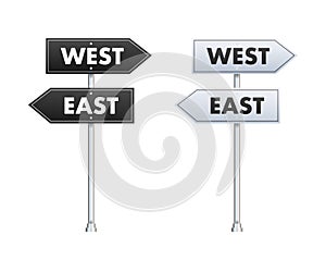 Directional Road Signs Pointing East and West, Vector Illustration of Guideposts in Black and White for Navigation and