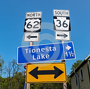 Directional road signs for State Routes 62 and 36 as well as Tionesta Laken Tionesta, Pennsylvania, USA