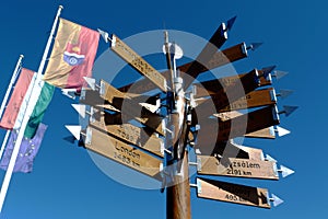 Directional sign with distances on wooden boards to famous cities