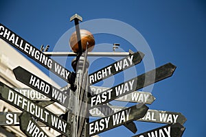Directional sign post with mixed messages