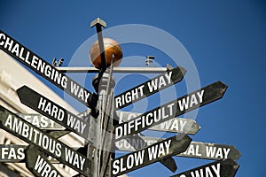 Directional sign post with mixed messages