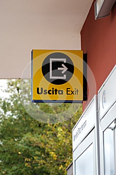 Directional sign showing station exit in contemporary train terminal