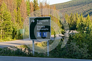 Directional sign for Sunwapta Falls waterfall tourist attaction along the Icefields Parkway in Jasper National Park