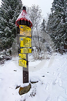 Directional sign in Tatra mountains in the winter