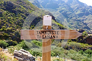 Directional sign to coastal village of Taganana and Tamadiste beach, Tenerife, Canary Islands, Spain. Natural trekking tourism