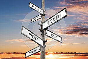 Directional signpost, with summer sky in sunset background