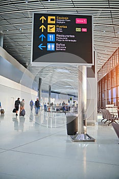 Directional signs in airport, Check in, Airport Departure and Arrival information board sign. Travel concept.