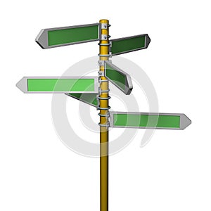 Directional signs with multiple paths and destinations. Abstract concept representing life crossroads and choices. Suggestion of