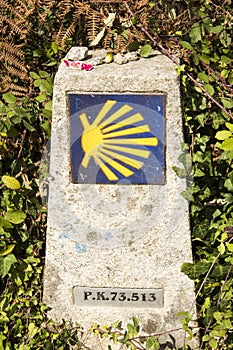Directional signs on saint james way. Scallop shell and yellow arrow with blue background on a wall. Camino de santiago