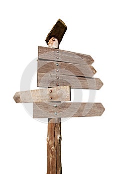 Directional wooden arrows in white background