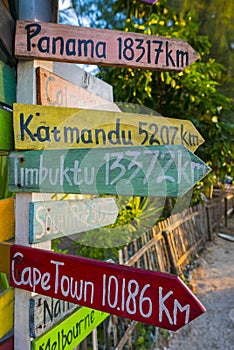 Directional wooden signs to different famous destination of the