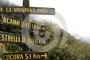 Directions board at Finca la Montana. Los Nevados National Natural Park. Quindio department. Colombia photo