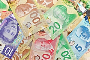 Directly Above Full Frame Image of Canadian Banknotes of Different Values