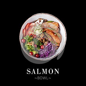 Directly above of Salmon poke bowl isolated on black background. Ready square menu banner with text and copy space. Breakfast dish