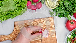 Directly above shot of woman cutting radish on chopping board