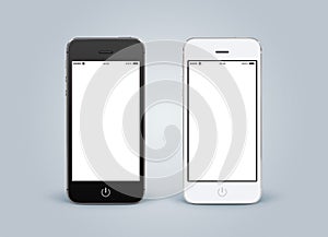 Directly front view of black and white smartphones with blank sc photo