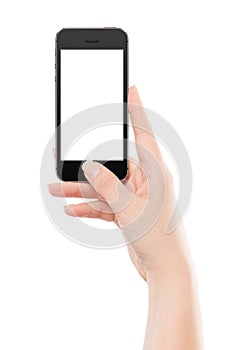 Directly front view of a modern black mobile smart phone in female hand
