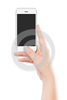 Directly front view of a modern white mobile smart phone in female hand