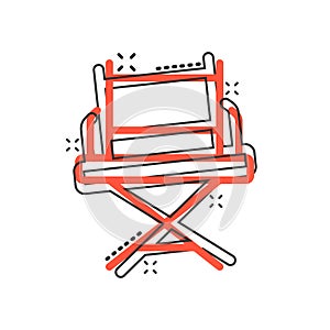 Director chair icon in comic style. Producer seat cartoon vector illustration on white isolated background. Movie splash effect