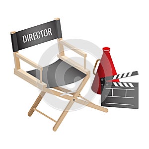 Director empty chair, cinema clapper and loudspeaker filmmaker attributes photo