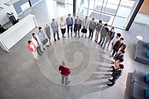 Director hold company meeting, semicircle concept photo