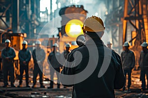 director of production standing in front of a group of workers with a megaphone