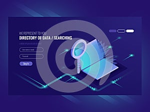 Directory of data, information serching result, book with magnifying glass, search engine optimisation, information