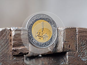 Dirham coin clamped in a metal vise. Currency and United Arab Emirates economy under the onslaught, the concept of financial