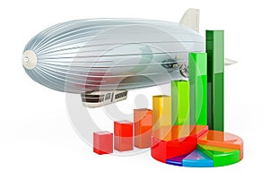 Dirigible balloon with growth bar graph and pie chart. 3D rendering