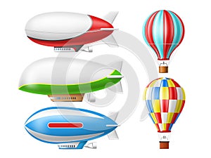 Dirigible and hot air balloons. Realistic retro aviation objects, 3d isolated zeppelins, airships, colorful sky vintage transport