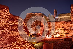 Diriyah old town walls illuminated at night, Riyadh, Saudi Arabia