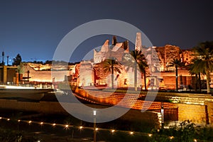 Diriyah old town walls illuminated at night, Riyadh, Saudi Arabia