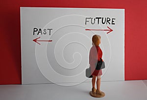 Dirrection arrow sign past versus future. Miniature woman walks forward into the future