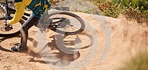 Dirt bike, dust and rider for sports workout in the mountain for fitness and active lifestyle. Bicycle, cyclist and