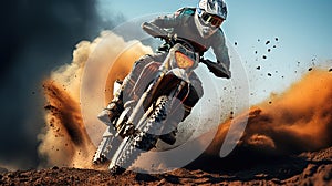 Dirt bike rider doing a big jump. Supercross, motocross, high speed. Sport concept. Generative AI photo