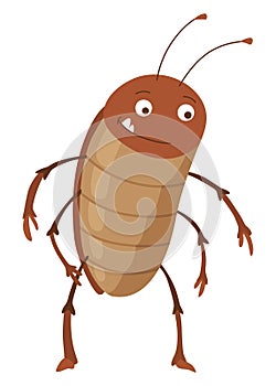 Dirt cockroach. Funny brown beetle. Adorable parasit, wildlife sticker. Cartoon insect pest vector illustration