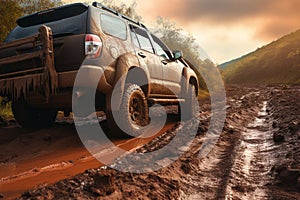 A dirt covered SUV conquers a rural road with its offroad tires