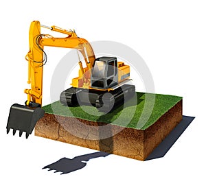 Dirt cube with excavator isolated on white background