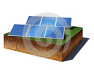 Dirt cube with photovoltaic panels isolated on white background