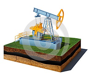 Dirt cube with pump jack isolated on white background