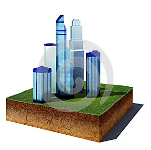 Dirt cube with skyscrapers district isolated on white background