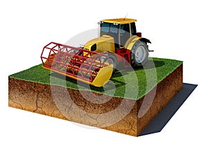 Dirt cube with tractor isolated on white background