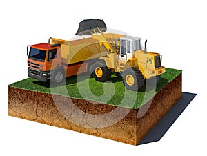 Dirt cube with truck loading on white background