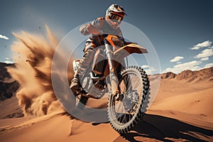 Dirt domain Motocross rider tackles desert jumps, an enduro spectacle