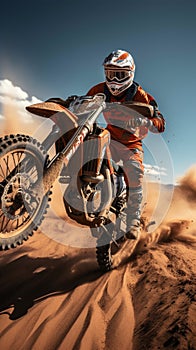 Dirt domain Motocross rider tackles desert jumps, an enduro spectacle