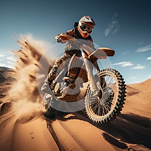 Dirt domain Motocross rider tackles desert jumps, an enduro spectacle