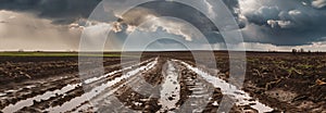 Dirt mud road and puddles on a plowed field after rain in bad weather. Agricultural field. Banner slider horizontal