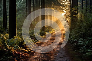 a dirt path in the forest with sunlight shining through the trees