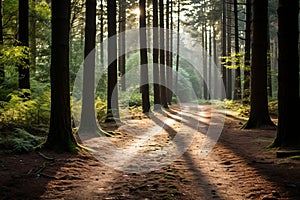 a dirt path in the middle of a forest with sunlight shining through the trees