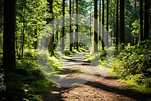 a dirt path in the middle of a green forest